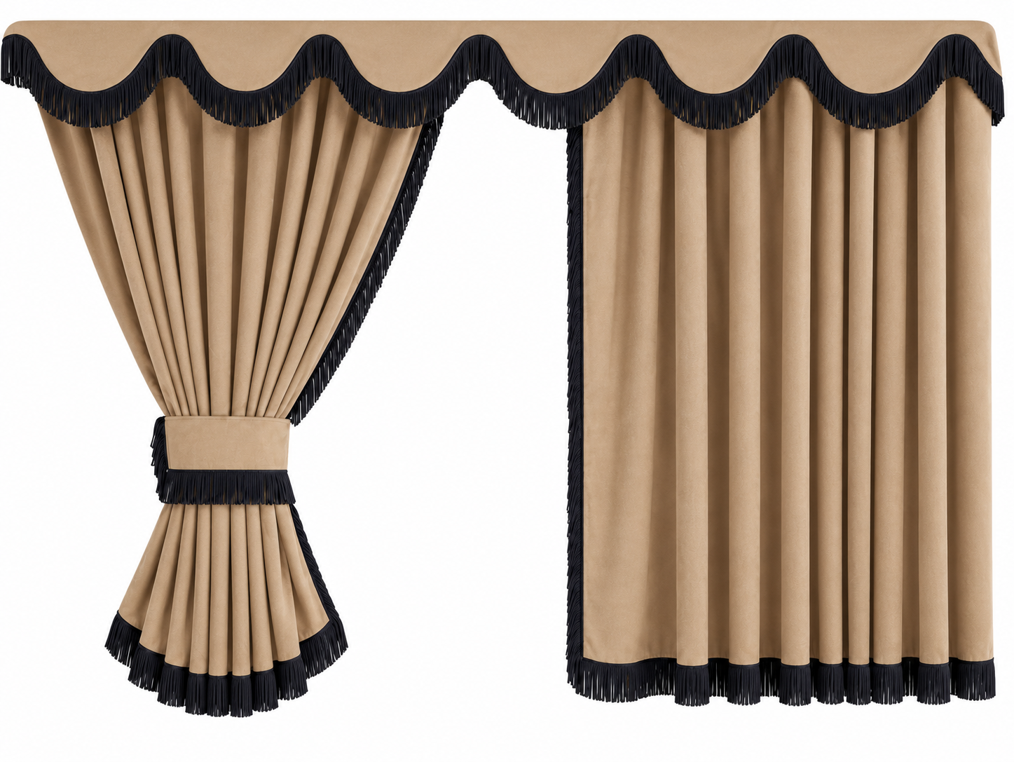 Beige gardinset med svart franskant